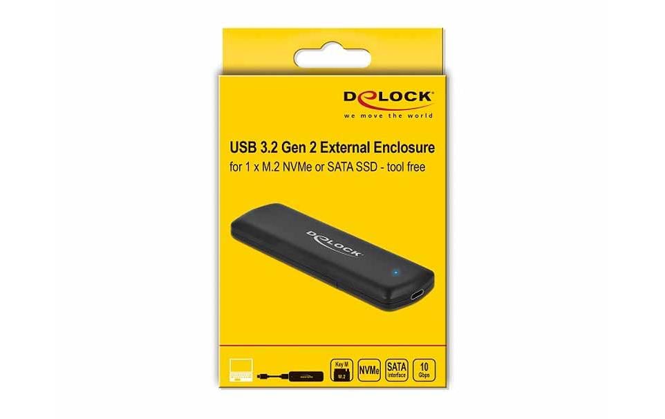 Delock M.2 NVME o. SATA SSD zu USB Gehäuse Betrieb von M.2 NVME oder SATA SSDs an USB